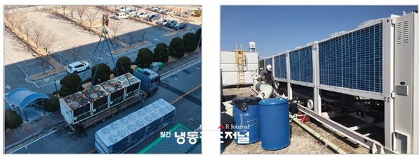 (사진 왼쪽부터)스크류냉동기 200RT 철거 및 신규 설치(냉매 R22에서 407C로 신냉매 적용) / 건물 옥상에 스크류냉동기 설치