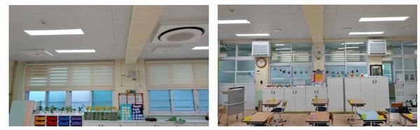 상암초등학교 4학년 교실(열회수형 환기장치 설치 모습(좌),  공기청정기 설치 모습(우))