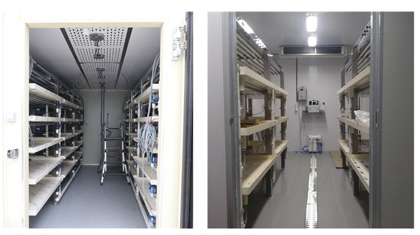 실증온실의 식물공장육묘시스템(사진 좌측 육묘실, 사진 우측 발아실)