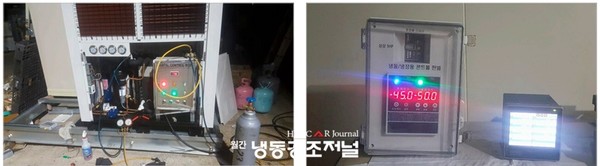 초저온 저장고용 냉동기 제작 모습(좌) / 초저온 저장고용 냉동기 테스트 모습(우)