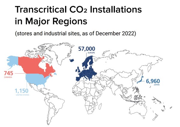 주요지역의 초임계 이산화탄소 설치 현황(매장 및 산업 현장, 2022년 12월 기준)