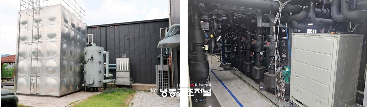 제이앤지의 지열 원수 유량제어 시스템(열원 버퍼탱크) 시험설비(좌)와 지열·공기열 융합형 시스템 연구 및 실증설비(우)